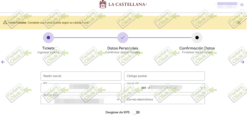 Confirmación final de datos antes de generar el CFDI La Castellana