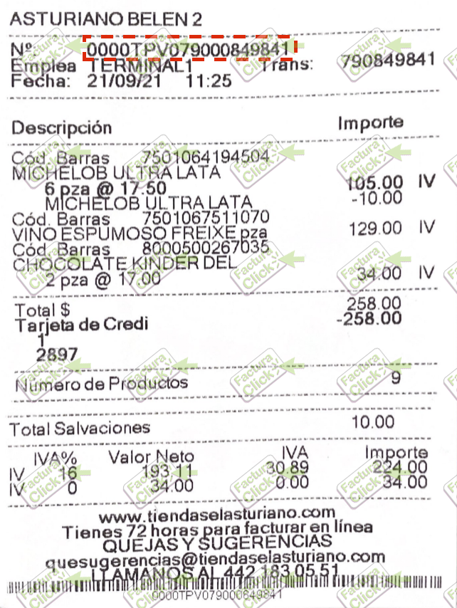 Ejemplo de ticket de compra Tiendas El Asturiano con datos para facturar