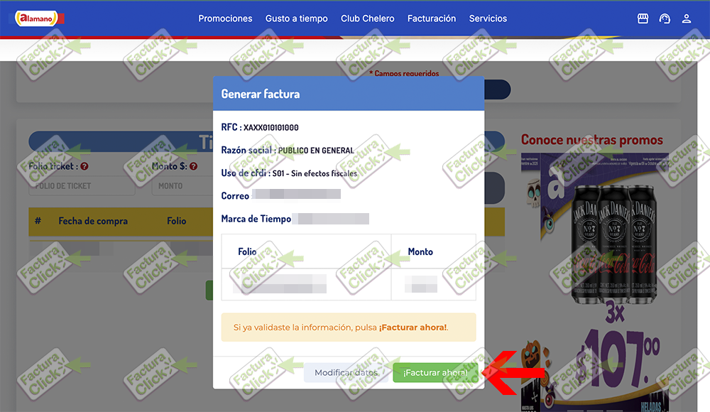 Vista previa y botón de timbrado de factura Tiendas El Asturiano