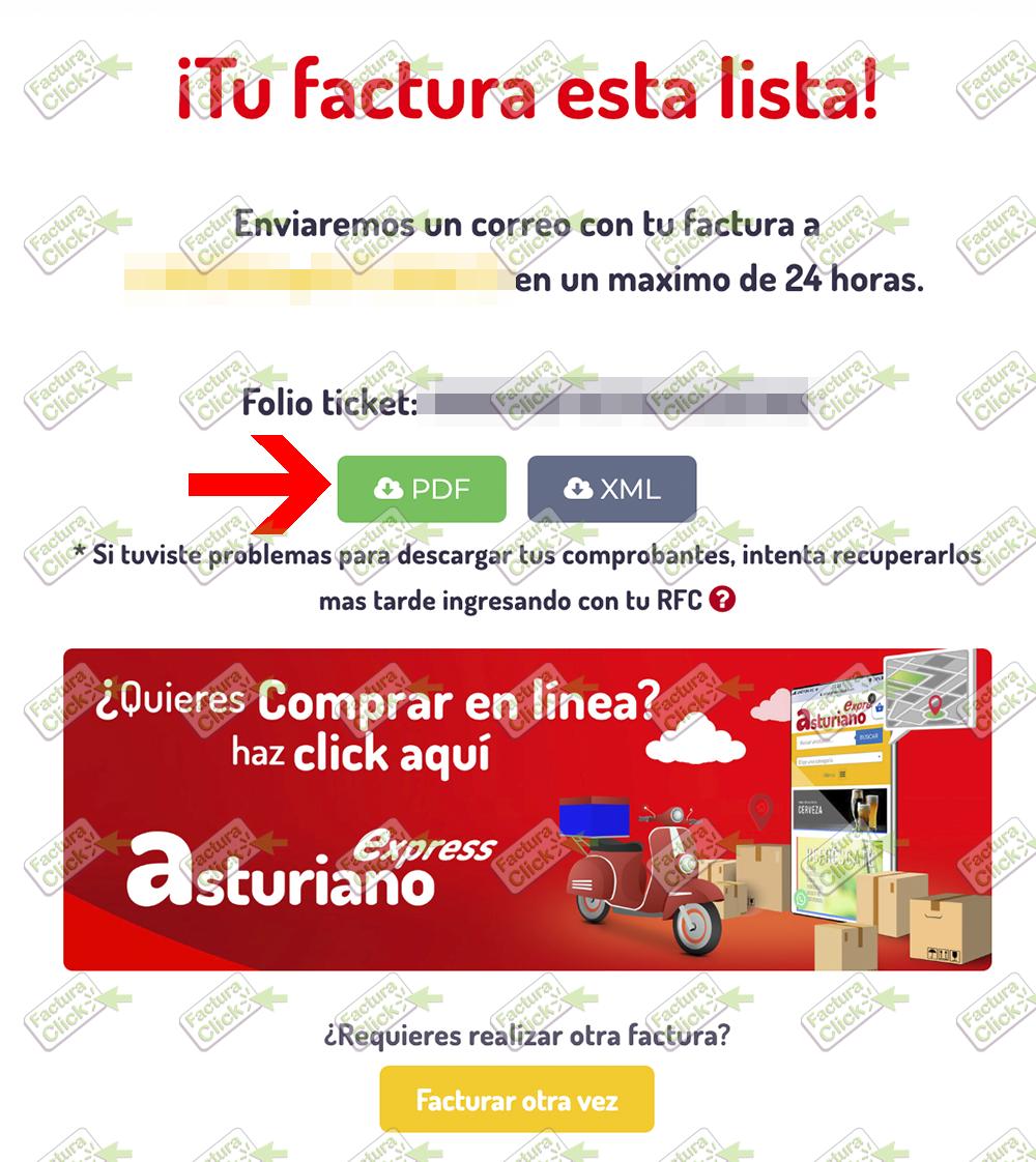 Pantalla de éxito y enlaces de descarga PDF XML Tiendas El Asturiano